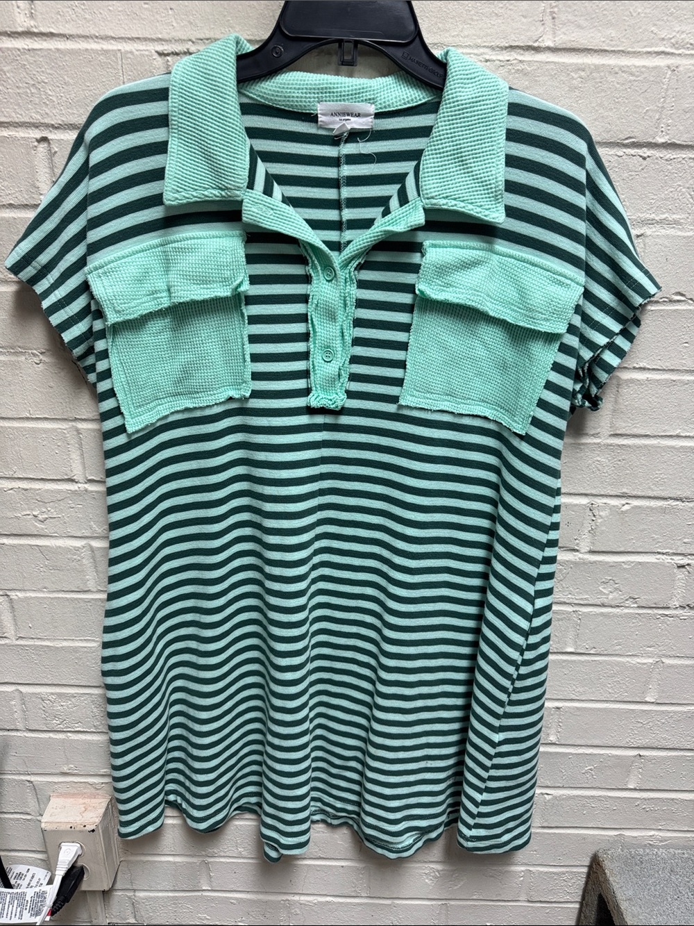 Striped Polo Pocket Mini Dress in Mint & Dark Teal